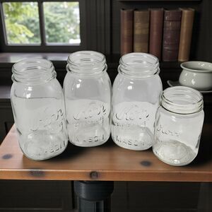 4 Vintage Kerr Mason Jars AHK 1930s Glass Quart & Pint Canning Self Sealing